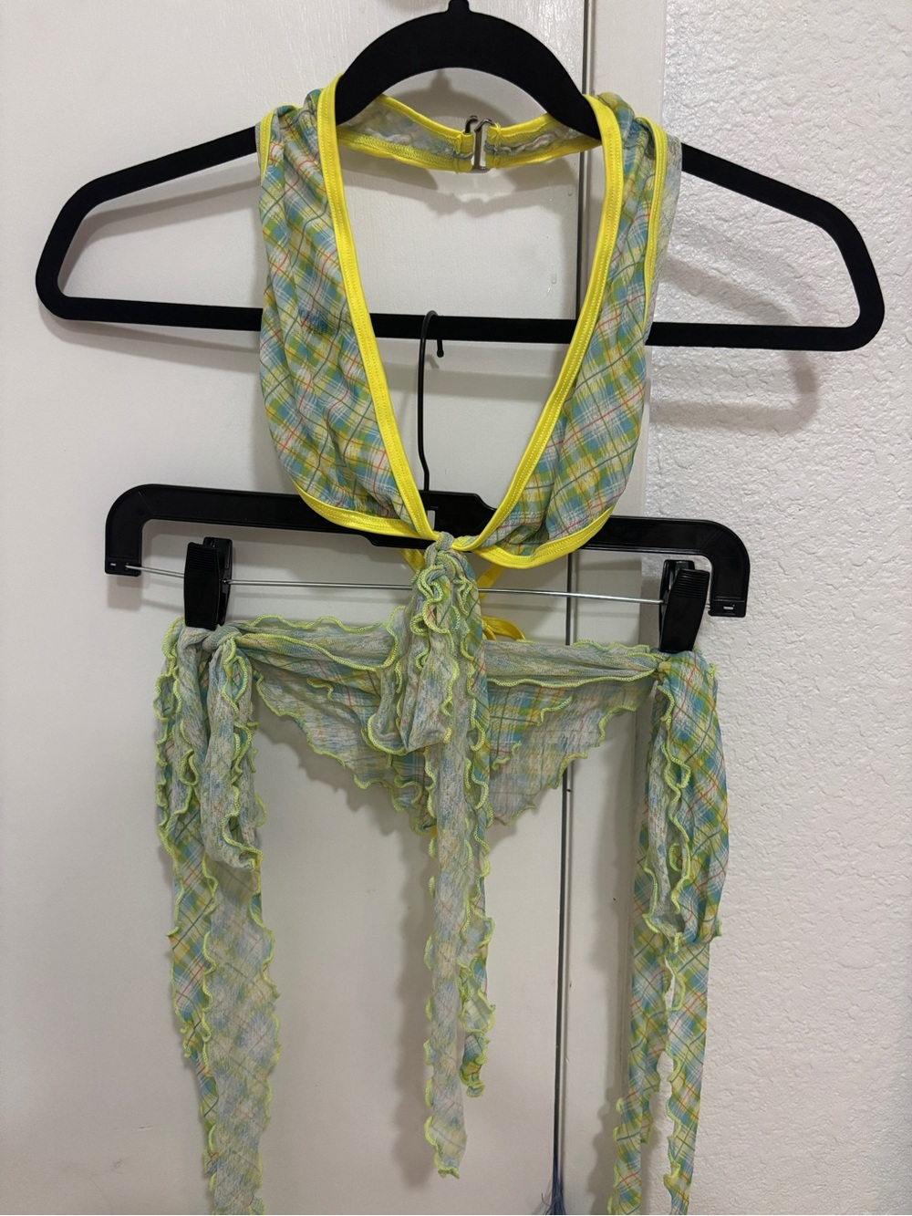 Y2K Plaid Mesh Festival Set Halter Top & bikini bottom yellow green small medium